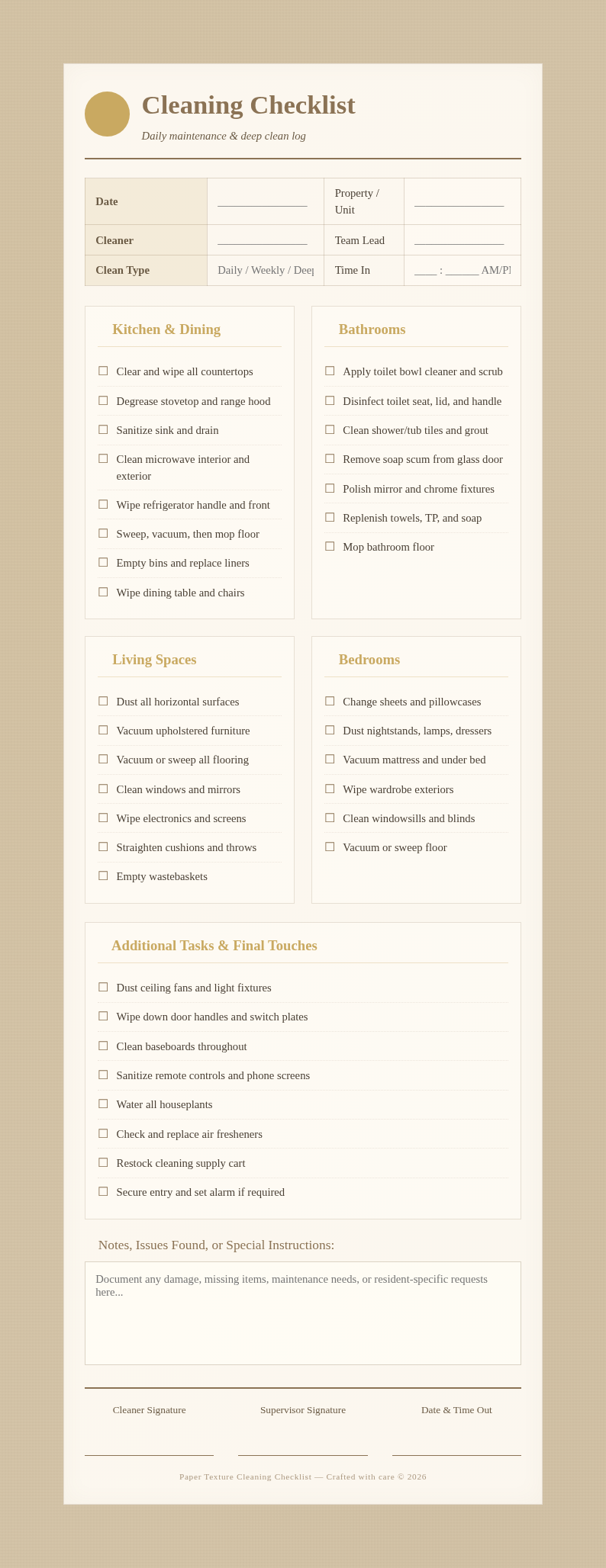 Paper texture cleaning checklist